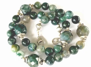 Vintage Silver Agate Necklace Moss Agate Faceted Bead 16 Inch Long - Picture 1 of 4