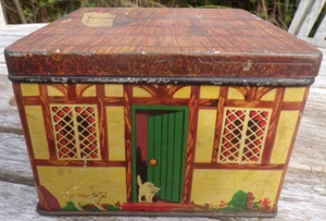 VINTAGE BISCUIT TIN COTTAGE HOUSE CAT DOG HUDSON SCOTT & SONS CARLISLE 1920S - Picture 1 of 10