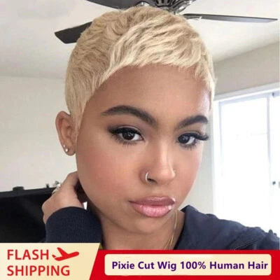 ATOZWIG Short Honey Blonde 100% Human Hair Wigs Pixie Cut Wig haircuts for Women No Lace