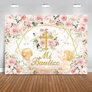 Mi Bautizo Baptism Backdrop God Bless First Holy Communion Background Pink Fl... - Picture 1 of 7