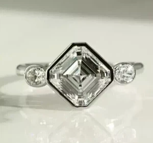 3CTW Asscher VVS1 Moissanite Three Stone Engagement Ring 14k White Gold Plated - Picture 1 of 10