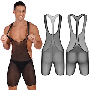 Men Sheer Mesh Bodysuit Leotard Sleeveless Wrestling Singlet Gym Boxer Jumpsuit - Picture 1 of 15