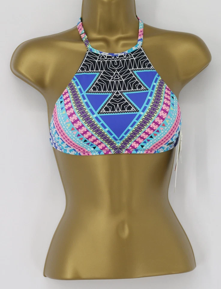ROXY BIQUÍNI CROPPED FEMININO TOP GEOMÉTRICO RACERBACK ROSA AZUL REINO UNIDO XS RRP £40 EG - Imagem 1 de 3