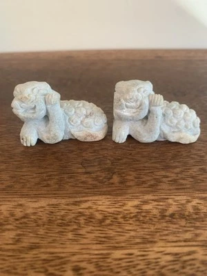 Soapstone Foo Dog Set of 2, Small 2” Unique Hand Carved Vintage. Good Fortune. - Image 1 of 4