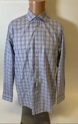 Michael Kors Men's Blue and White Long Sleeve Button Up - Size 15 - Image 1 of 4