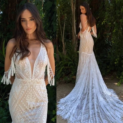 Boho Sheath Wedding Dresses V-Neck Sleeveless Lace Applique Tassels Bridal Gown - Image 1 of 4