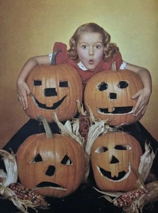 Pretty Girl Child Halloween Jack-O-Lanterns Corn Vintage Magazine Art Print 1959 - Picture 1 of 4