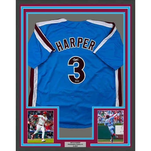 Framed Facsimile Autographed Bryce Harper 33x42 Blue Reprint Laser Auto Jersey Cover