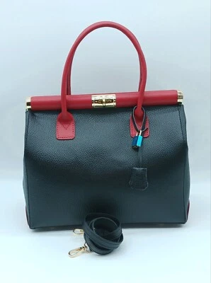 Bolso de Mano Italiano Cuero Guijarro Genuino - Hecho en Italia - Negro y Rojo Foto 1 de 4