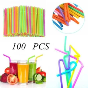 100PCS Coloured Flexible Bendy Straws Birthday Party Drinking Straw= - Picture 1 of 12