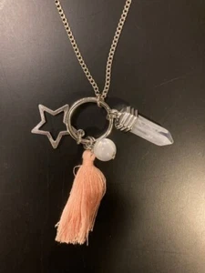 Pink Tassel Charm Necklace Multiple Charms Silver Necklace - Picture 1 of 3