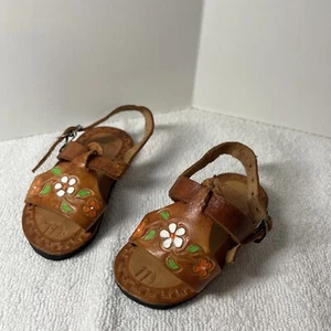 Handmade Mexico Baby Toddler Girl Flower Leather Sandals Size 2 - Picture 1 of 9