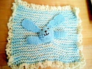 12 x 12 PUPPY DOG BABY Lovey Security Buddy Blanket Blankie Hand Knit BLUE - Picture 1 of 3
