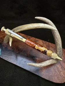 Handmade Ballpoint Clip Bolt Action Pen Amboyna Burl Wood Solid Brass - Picture 1 of 9