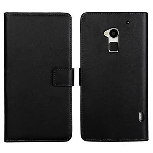 For HTC One Max T6 Black Genuine Real Leather Wallet Card Slot Case Cover Stand - Picture 1 of 5