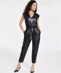 INC International Concepts Faux Leather Womens Belted Jumpsuit size small - Picture 1 of 9