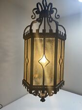 Spanish Revival Gothic Wrought Iron Glass Hanging Light Lamp Lantern Vtg 1900s