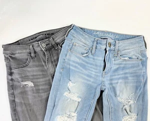 Jeans elásticos American Eagle talla 0 tiro alto Jegging Next Level 360 azul y gris - Imagen 1 de 7