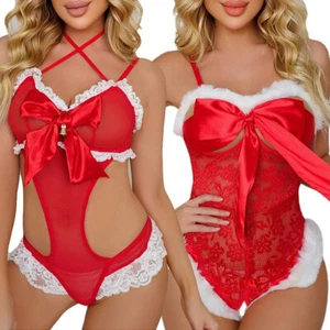 Women's Christmas Sexy Lingerie Xmas Sleepwear Underwear Big Bow Teddy Bodysuit - Picture 1 of 20