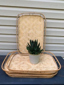 Lot of 4 Bamboo Rattan Wicker Lap TV 19x13" Tiki MCM Serving Lap Tray - Picture 1 of 8