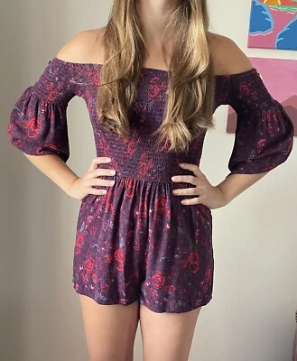 Hollister Romper Small S Maroon Purple Floral Off The Shoulder Shorts Womens - Image 1 of 4