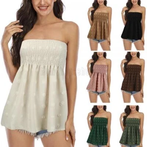 Women Sleeveless Elastic Bandeau Casual Tube Tops Strapless Blouse Shirt Holiday - Picture 1 of 16