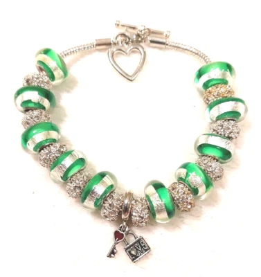 9.3" Love Key Charms Murano Lampwork Glass Beads Rhinestone Spacers Heart Toggle - Image 1 of 4