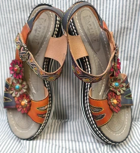 L'ARTISTE SPRING STEP~AGALLA LEATHER FLORAL PLATFORM ANKLE STRAP SANDALS 9.5-10 - Picture 1 of 10