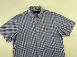 Polo Ralph Lauren Blue Gingham Plaid Seersucker S/S Shirt, Men’s Medium, G7HY16 - Picture 1 of 5