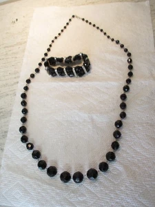Graduated Black Glass Faceted Bead Necklace w/ Black Glass Rhinestone Bracelet - Picture 1 of 4