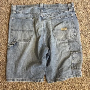 Vtg Wrangler Medium Wash Denim Jort Shorts Relaxed Baggy Carpenter Sz 33 Distres - Picture 1 of 10