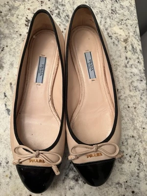 PRADA Cap Toe Ballet Flats Beige and Black Leather Women's 37.5/US 7.5 $650 - Image 1 of 4