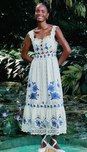 💕$348 ABITO MIDI FARM RIO TAGLIA LARGE RICHELIEU GIRASOLE RICAMATO EUROFLAX NUOVO CON ETICHETTE - Foto 1 di 7