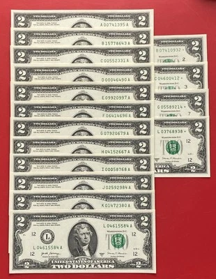 2017A $2 TWO DOLLAR BILLS ( 12 District full set + 4 Star Notes B-C-G-L , UNC - Image 1 of 4