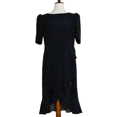 Vestido midi para mujer Calvin Klein negro a lunares con volantes dobladillo talla 12 Foto 1 de 4