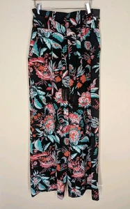 New York & Co. 7th Ave Pant Black Floral Paperbag-Waist Palazzo Womens 4 Belted - Picture 1 of 9