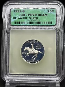 1999-S Silver PR70 DCAM Proof Delaware Quarter ICG Graded Slabbed Flawless Rare! - Picture 1 of 5