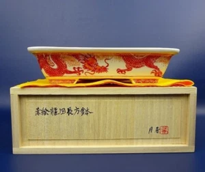 Japanese Bonsai pot SOMETSUKE AKA-E Dragon RYU Rectangular Small W17.4cm GEKKO - Picture 1 of 10