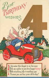 Postcard Art Deco Dressed Scotty Dog Drives Car Wishes Happy 4th Birthdsy - Picture 1 of 2