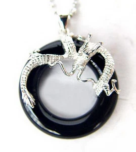 Genuine Black Agate Onyx 18KGP Dragon Round Circle Donut Luck Pendant Necklace - Picture 1 of 4