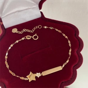 Real Solid 18K Yellow Gold 100% Natural Diamond Star Women Bracelet Bangle - Picture 1 of 8