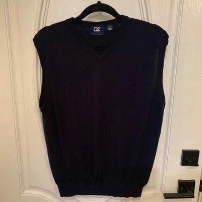 Cutter & Buck Sweater Vest Men's Large V Neck Merino Wool Blend Navy Blue - Image 1 of 4