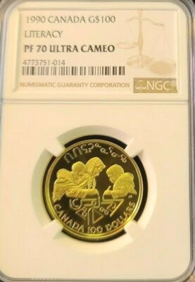 1990 OURO CANADÁ US$ 100 ALFABETIZAÇÃO NGC PF 70 ULTRA CAMEO PERFEIÇÃO ESCASSA - Imagem 1 de 3
