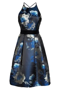 ELIZA J Black Blue Floral Jacquard Belted Open Back Halter Pleated Flare Dress 8 - Picture 1 of 7