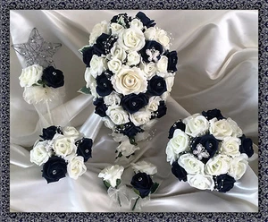 Wedding Flowers Ivory/Navy Roses diamante Bouquet, Bride/Bridesmaids/Buttonholes - Picture 1 of 15