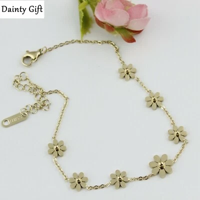 Mujer Niña Titanio Acero Inoxidable Oro Flor Margarita Tobillera Pie Brazalete 8-10" Foto 1 de 4
