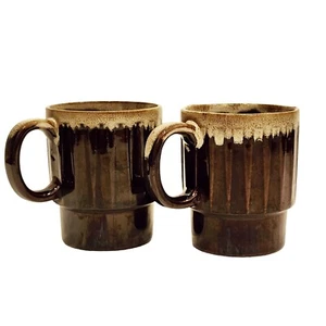 Vintage Set Of 2 Stackable Stacking Coffee Mug Cup Japan Brown Drip Glaze - Picture 1 of 7