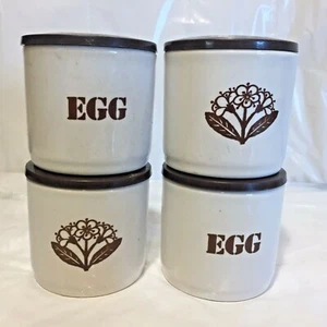 4 Vtg Brown & Cream Ceramic w Plastic Top Egg Coddler Cups Made In England - Picture 1 of 11