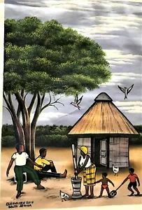 Hermoso arte acrílico sobre lienzo firmado Banguza 2010 Sudáfrica. 20" x 26,5" - Imagen 1 de 8