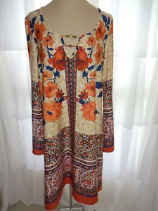 One World Blumen Schichtkleid M Blumen hellbraun orange blau langarmig - Bild 1 von 5